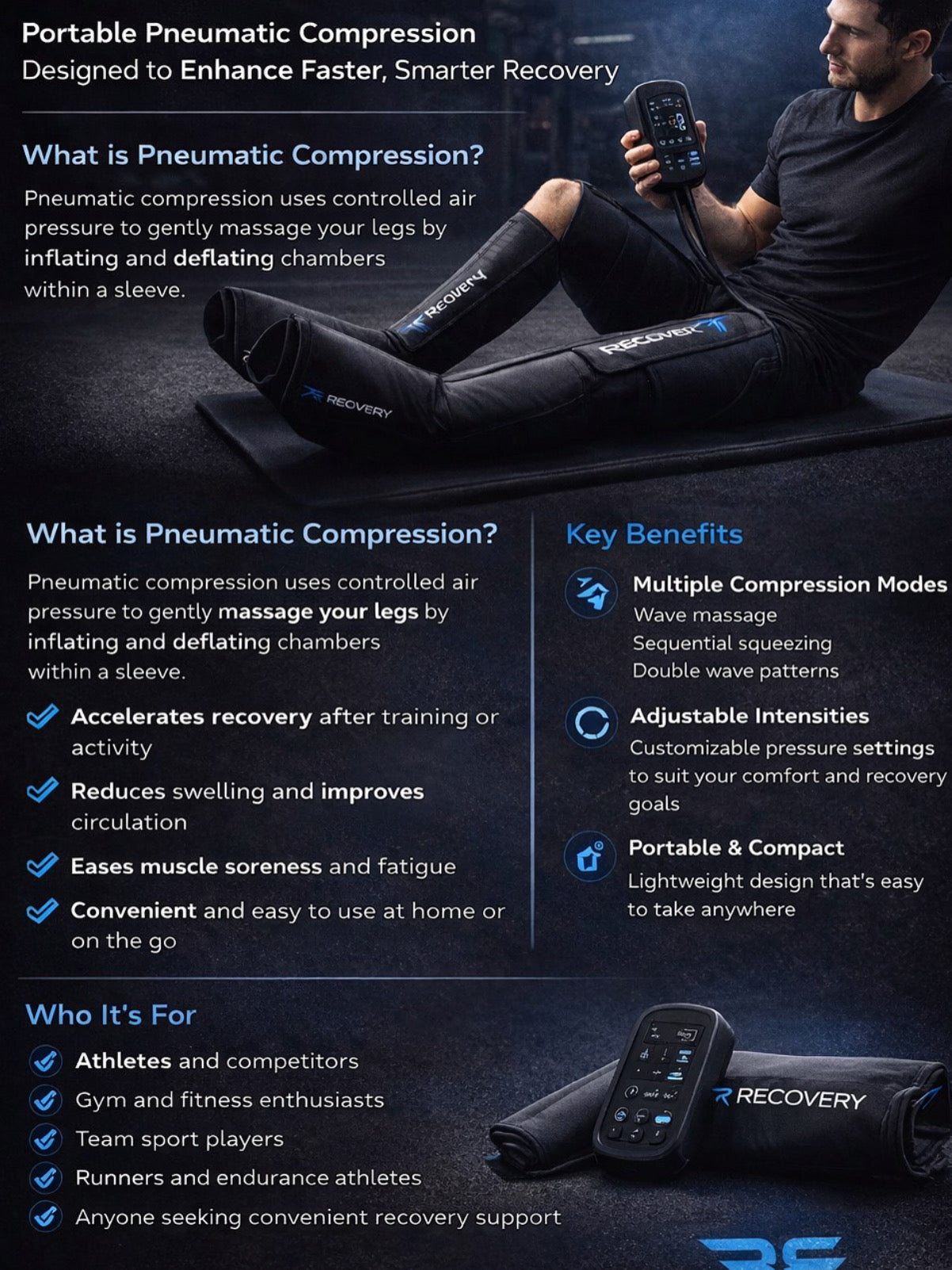 RF Recovery compression boots - pneumatic compression system for faster athletic recovery