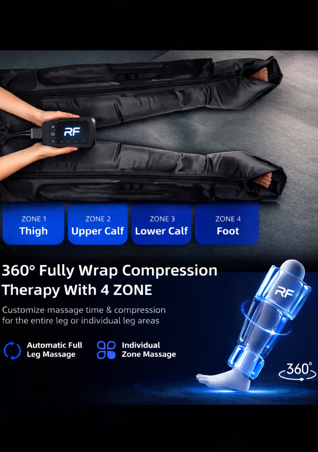 Close-up of 4-chamber compression boot design for targeted leg muscle recovery